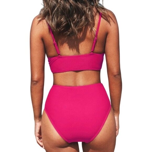 Cupshe Women 2 Piece Swimsuit Large Hot Pink V-Neck Twist Front High Waist Cheek - Picture 2 of 9